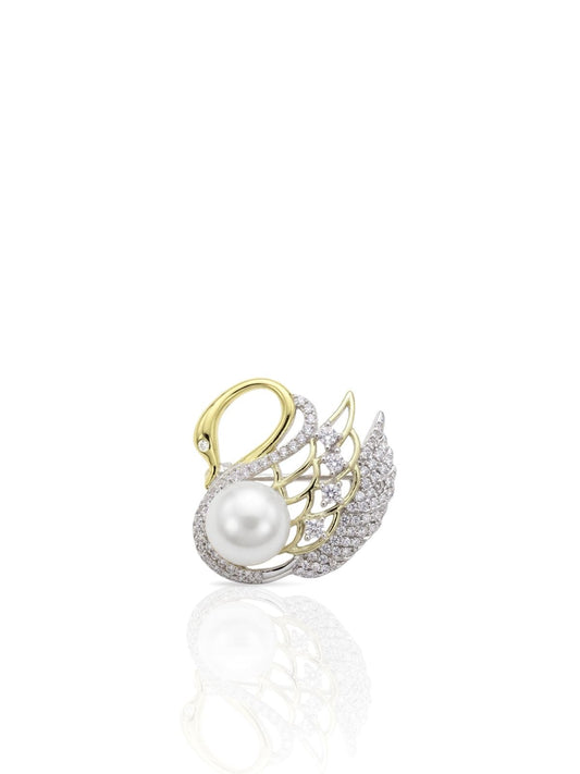 Schwan-Brosche aus Silber mit Perle und Zirkonia aus 925er Sterlingsilber – Oya Silver