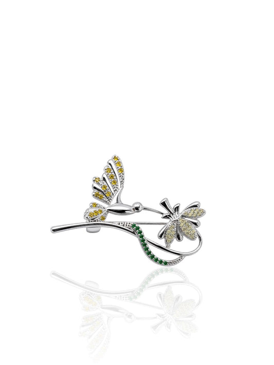 Kolibri- und Blumen-Brosche aus Silber mit farbigen Zirkonia aus 925er Sterlingsilber – Oya Silver