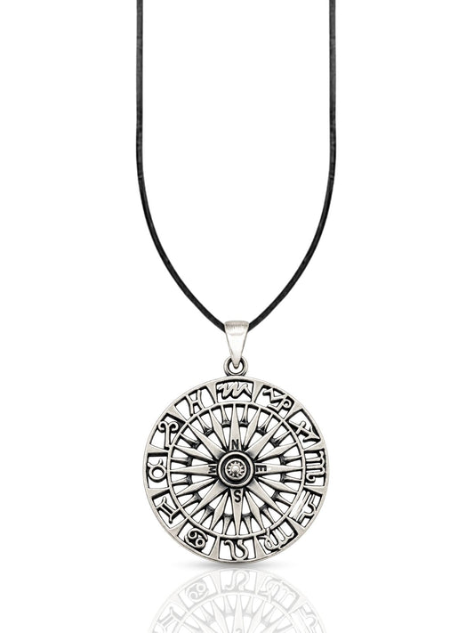 Großes Kompass-Medaillon mit Zodiak-Symbolen aus 925 Silber – Oya Silver