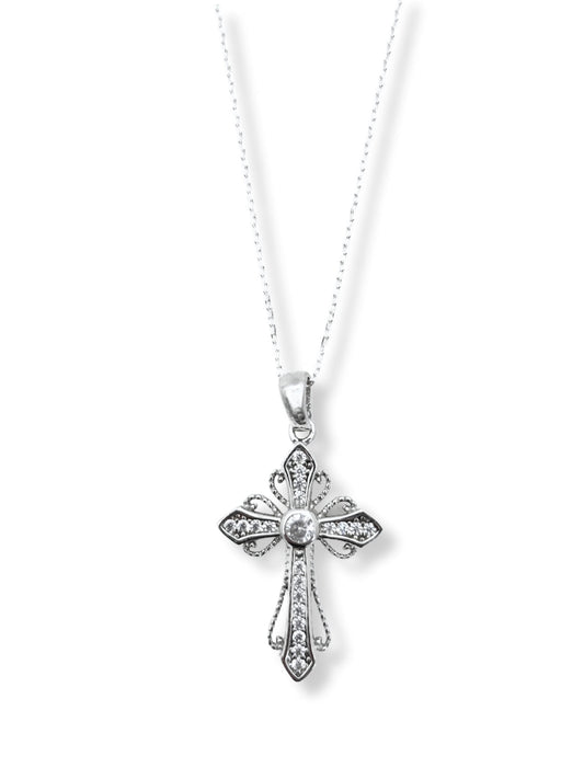 Kreuz-Halskette aus Silber mit weißen Steinen – Oya Silver