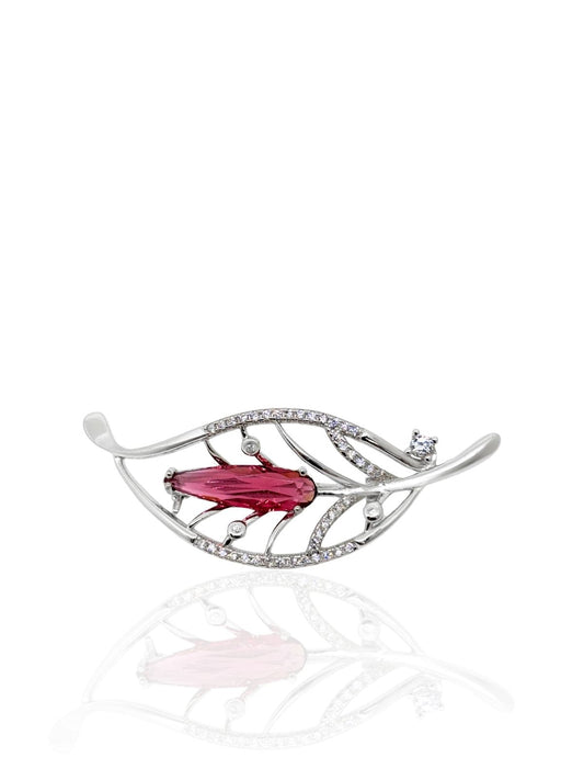 Blattbrosche aus Silber mit rosa Zirkonsteinen 4,9 x 1,7 cm – Oya Silver