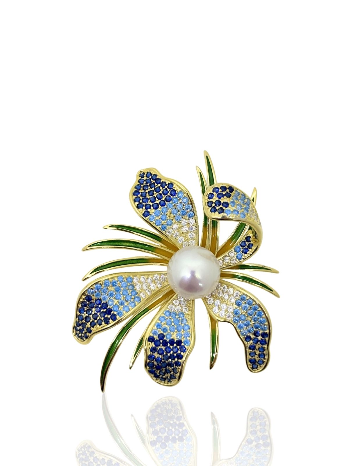Blumen-Brosche aus Silber mit blauen Zirkonia und Perle aus 925er Sterlingsilber – Oya Silver – Ansicht 2
