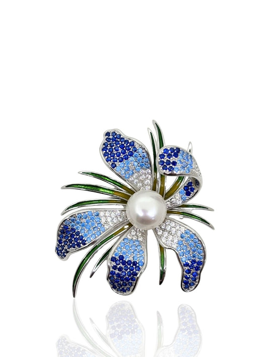 Blumen-Brosche aus Silber mit blauen Zirkonia und Perle aus 925er Sterlingsilber – Oya Silver