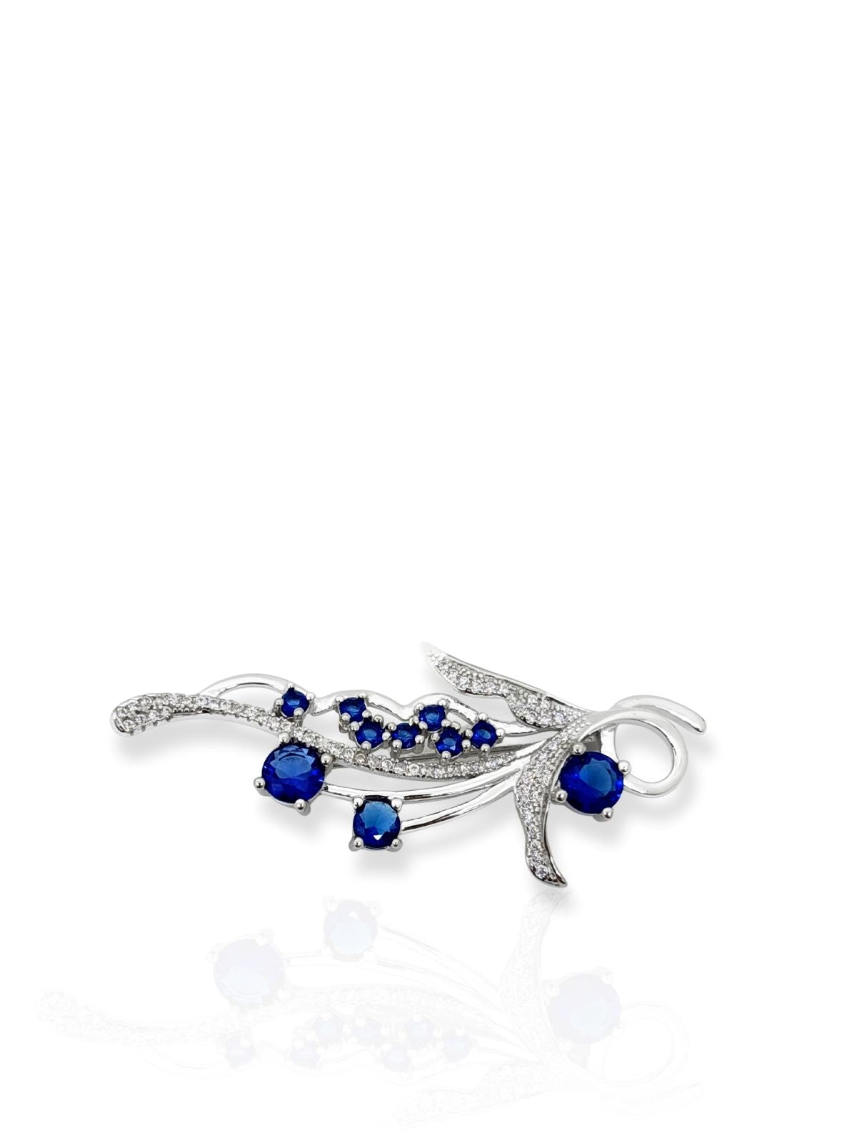 Elegante Blattzweig-Brosche aus Silber mit Saphir und Zirkon 5 x 2,2 cm – Oya Silver