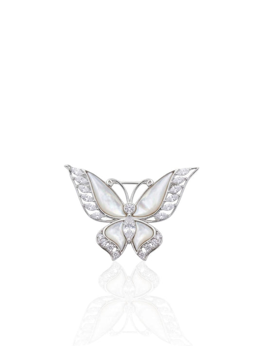 Schmetterlings-Brosche aus Silber mit Perlmutt und Baguette-Zirkonia aus 925er Sterlingsilber – Oya Silver