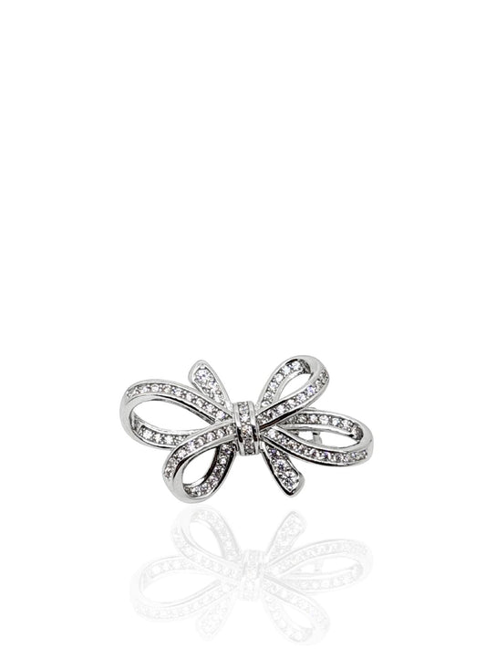 Schleifenbrosche aus Silber mit weißen Zirkonsteinen 2,5 x 1,3 cm – Oya Silver