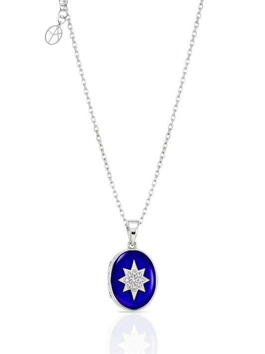 Ovales Nordstern-Medaillon aus 925 Silber mit dunkelblauer Emaille – Oya Silver
