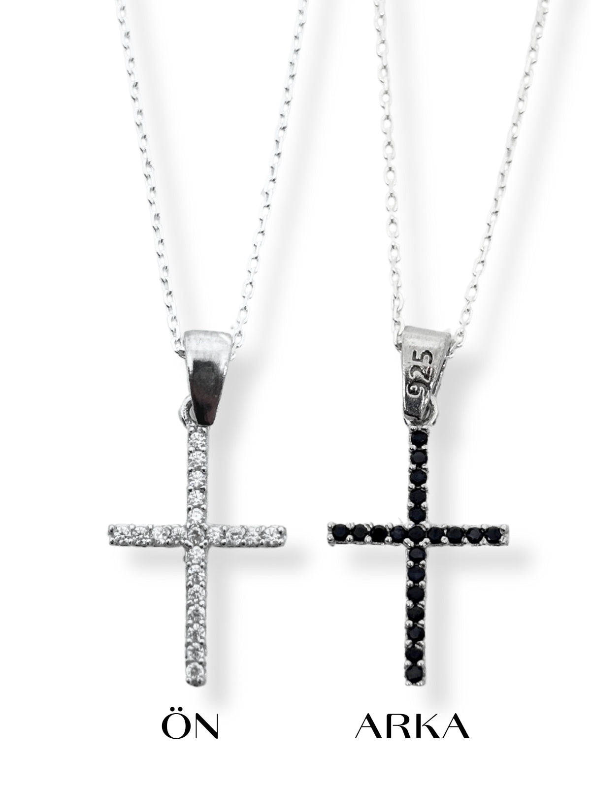 Wendbare Kreuz-Halskette aus Silber mit schwarzen und weißen Steinen – Oya Silver