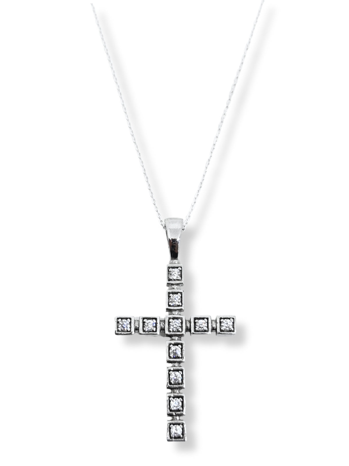 Große Kreuz-Halskette aus Silber mit quadratischem Rahmen und Steinen – Oya Silver