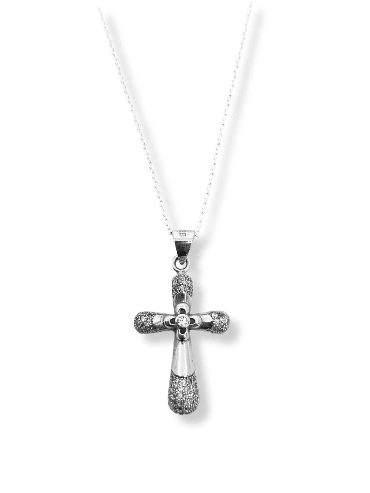 Puffy Kreuz-Halskette aus Silber mit schimmerndem Sandstein – Oya Silver