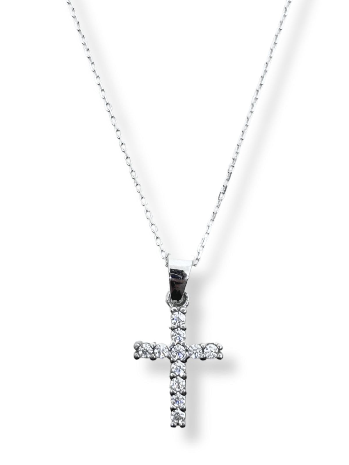 Minimalistische Kreuz-Halskette aus Silber mit weißen Steinen III – Oya Silver