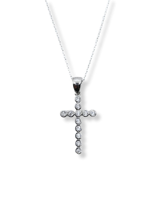 Filigrane Kreuz-Halskette aus Silber mit runden weißen Steinen – Oya Silver