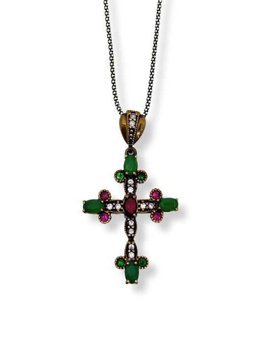 Authentische Kreuz-Halskette aus Silber mit Natursteinen – Oya Silver – Ansicht 2