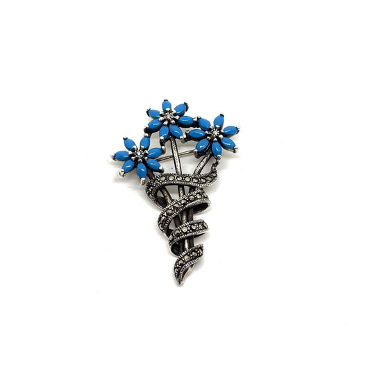 Blumenbrosche aus Silber mit Türkis und Markasit 5,2 x 3,5 cm – Oya Silver