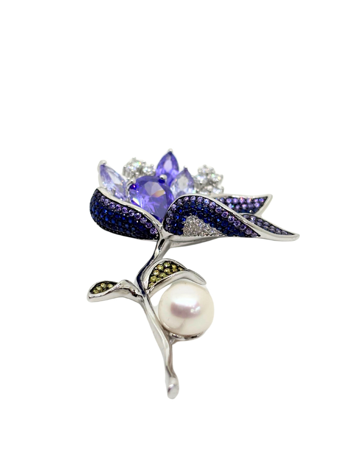Große Blumenbrosche aus Silber mit Amethyst, Saphir, Zirkon und Perle 7 x 4,2 cm – Oya Silver – Ansicht 3