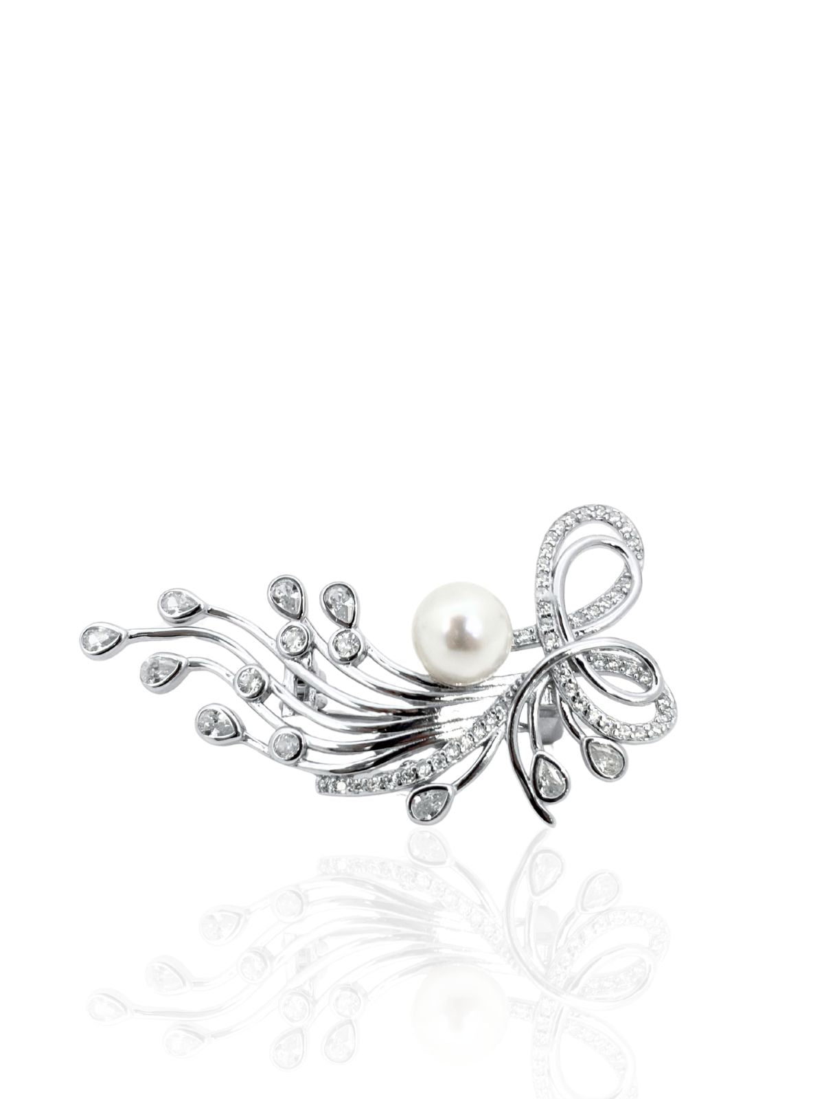 Schleifenbrosche aus Silber mit Steinen und Perle 4,5 x 2,5 cm – Oya Silver