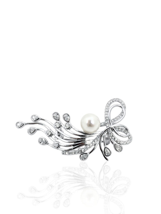 Schleifenbrosche aus Silber mit Steinen und Perle 4,5 x 2,5 cm – Oya Silver